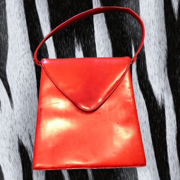 Vintage Small Structured Leather Top Handle Handbag Purse - Red / Orange / Rust - Picture 12 of 16